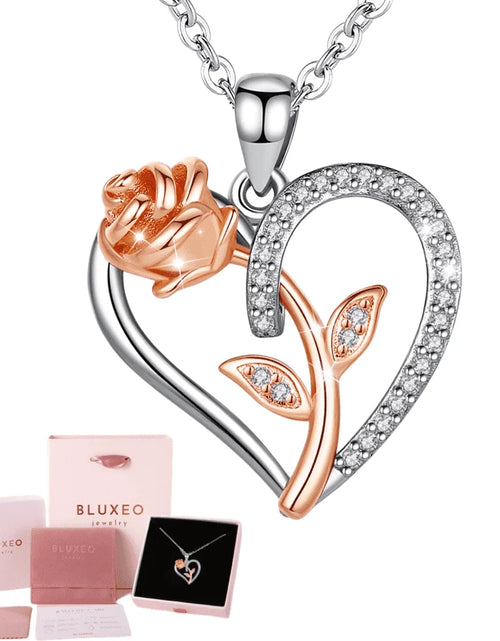 Load image into Gallery viewer, Sterling Silver Necklace for Women Mom Gift for Wife from Husband Valentines Day Girlfriend Rose Heart Necklace for Girlfriend Birthday Gifts Mother Daughter Pendant
