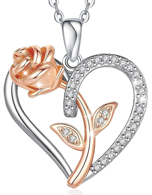 Load image into Gallery viewer, Sterling Silver Necklace for Women Mom Gift for Wife from Husband Valentines Day Girlfriend Rose Heart Necklace for Girlfriend Birthday Gifts Mother Daughter Pendant
