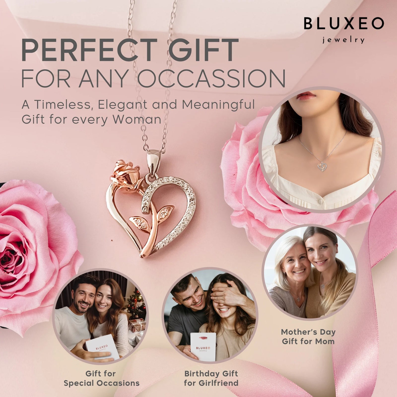 Sterling Silver Necklace for Women Mom Gift for Wife from Husband Valentines Day Girlfriend Rose Heart Necklace for Girlfriend Birthday Gifts Mother Daughter Pendant