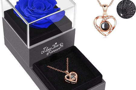 Preserved Red Real Rose with I Love You Necklace in 100 Languages -Eternal Flowers Rose Gifts for Mom Wife Girlfriend on Birthday Anniversary Christmas Mothers Day Valentines Romantic Gifts for Her