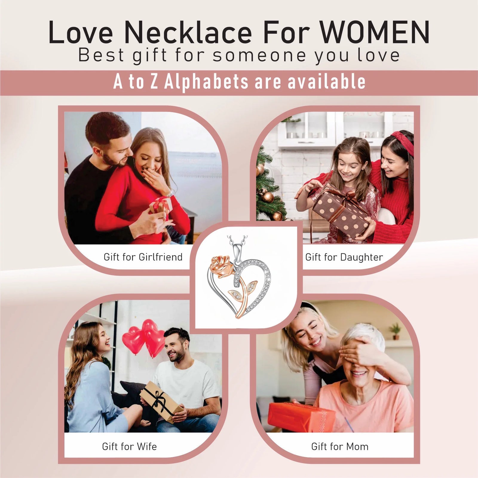 Sterling Silver Necklace for Women Mom Gift for Wife from Husband Valentines Day Girlfriend Rose Heart Necklace for Girlfriend Birthday Gifts Mother Daughter Pendant