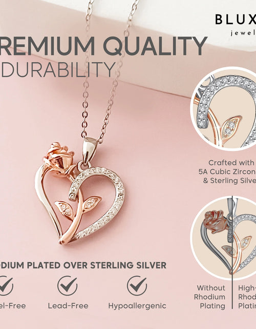 Load image into Gallery viewer, Sterling Silver Necklace for Women Mom Gift for Wife from Husband Valentines Day Girlfriend Rose Heart Necklace for Girlfriend Birthday Gifts Mother Daughter Pendant
